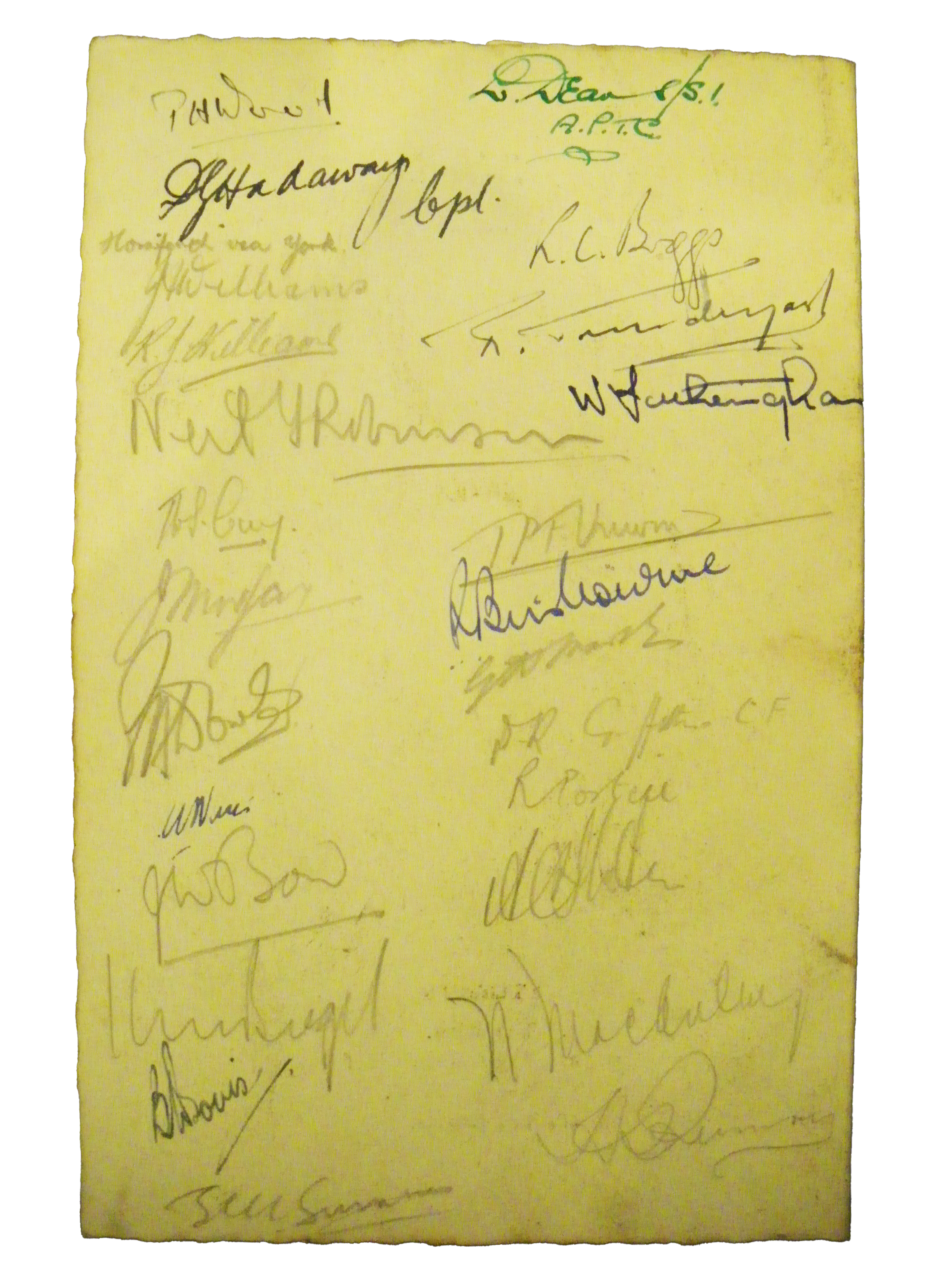 The back of a dinner menu with autographs on it.