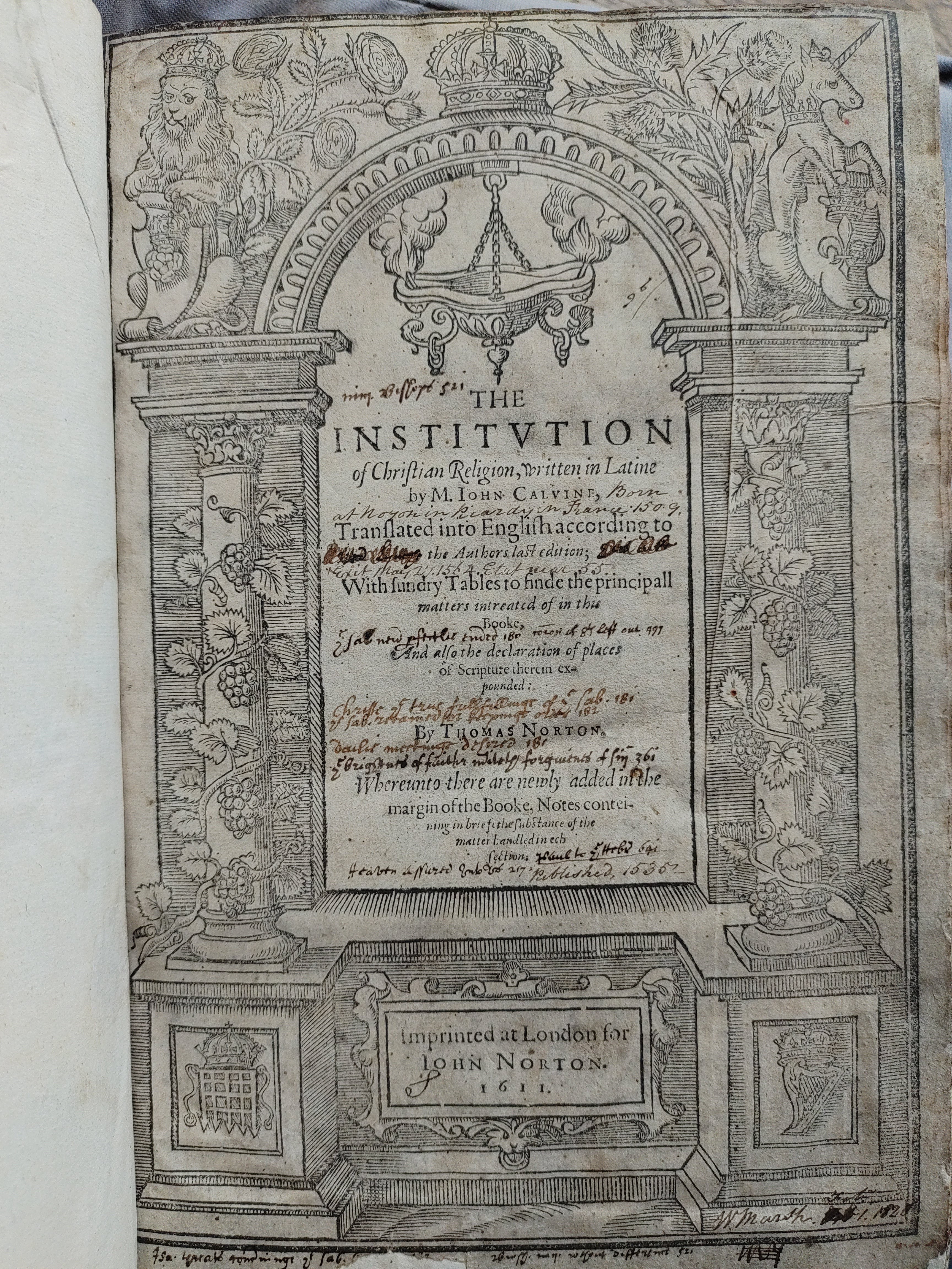 Title page of 'The Institution of Christian Religion'