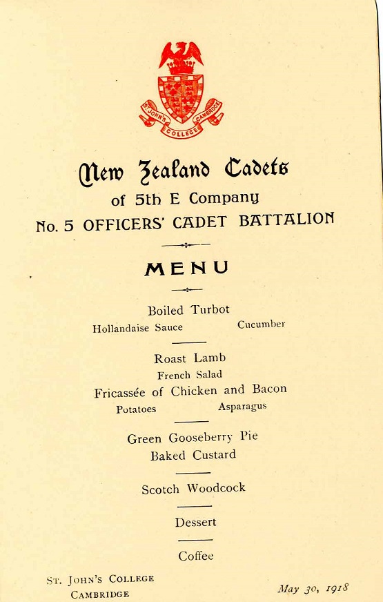 Officers' cadet dinner menu 1917
