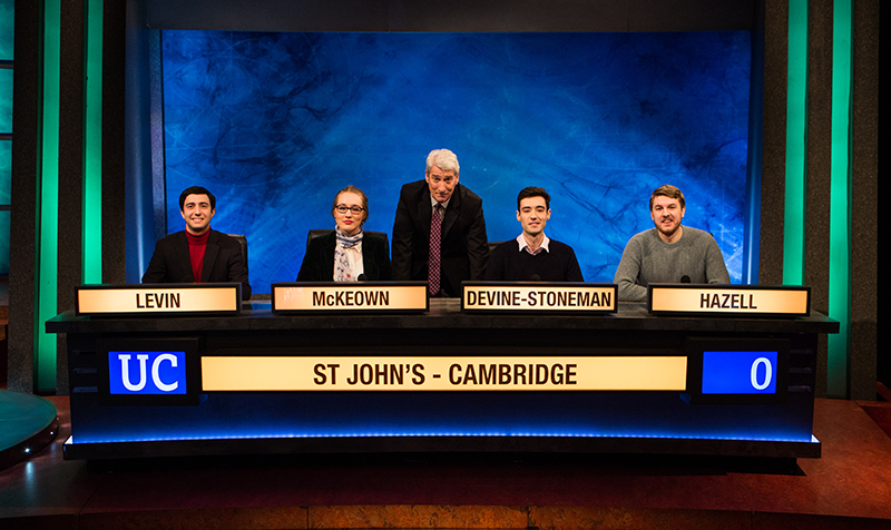 The St John's University Challenge team with Jeremy Paxman