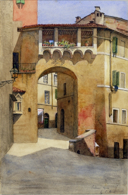 Watercolour depicting a quiet street with archway
