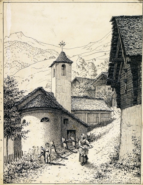 Hillside scene with church and woman in foreground