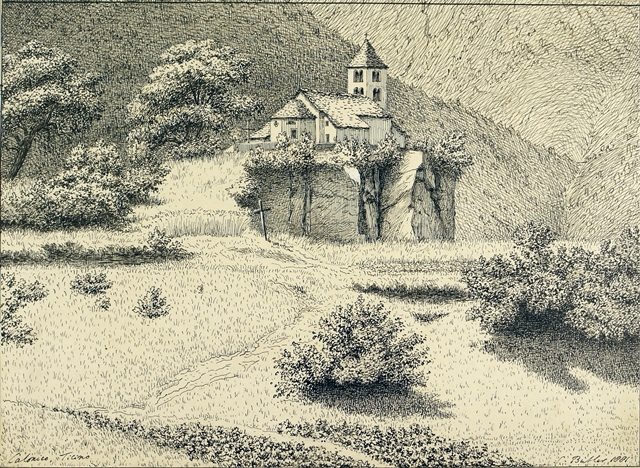 Pen sketch of a chapel on a hillside among foliage