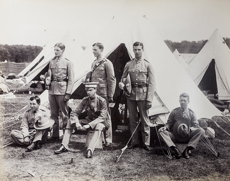 Students at the Cambridge University Rifle Volunteers Camp in Salisbury in 1905. Front and centre (seated on a bucket) is Dr Roger Brownson, a medical graduate of St John’s who was killed in Peshawur, India in 1918