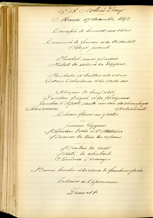 Menu for the Feast of St John 1892