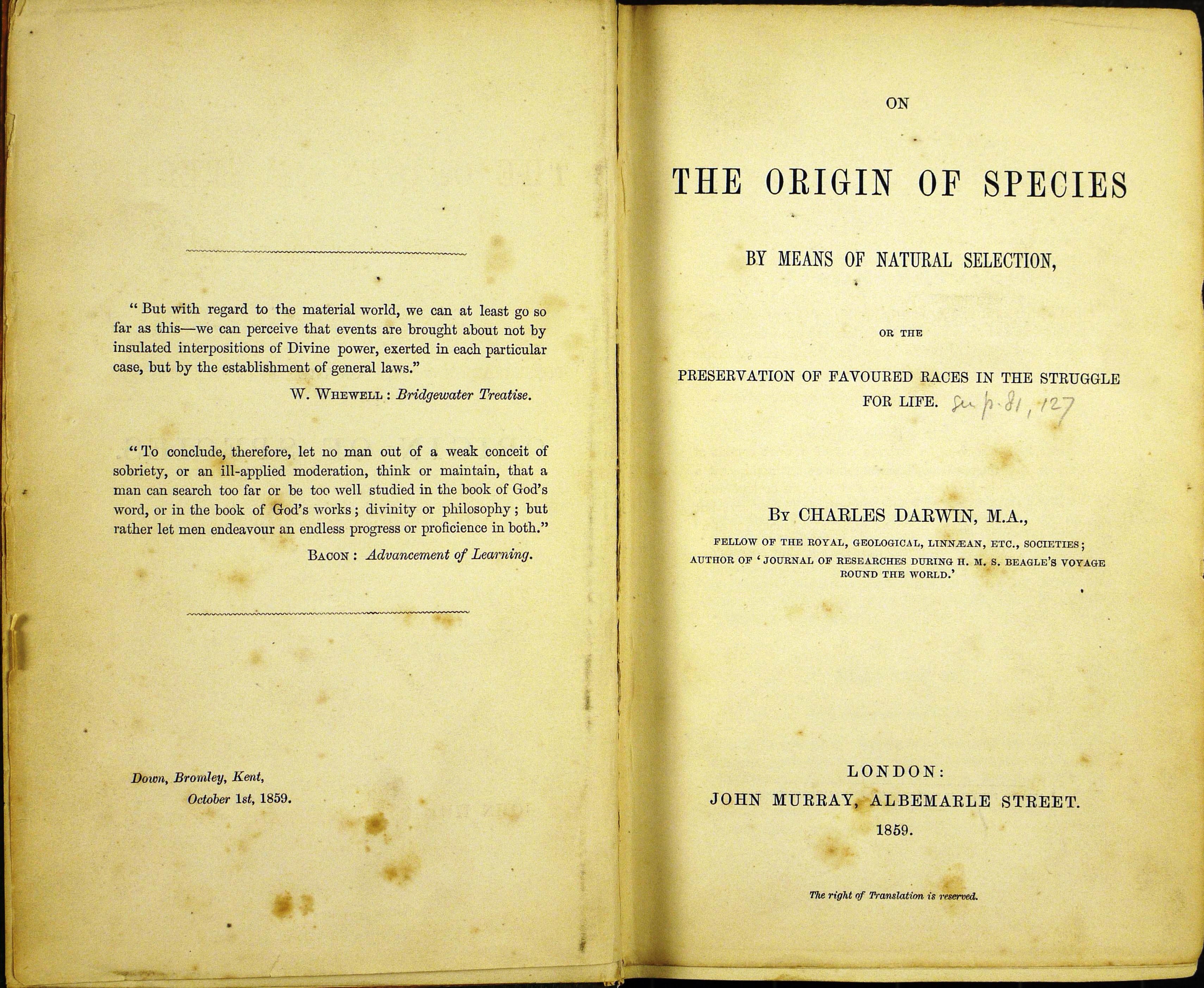 Title page of first edition of Darwin's Origin of Species