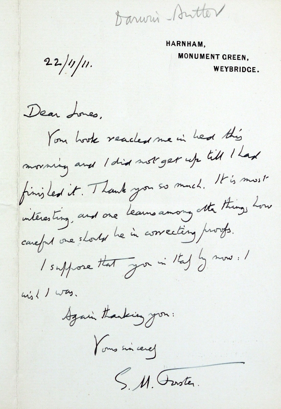 Autograph letter from E. M. Forster to Henry Festing Jones