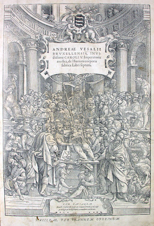 Engraved title page from Vesalius's De humani corporis fabrica, 1555.