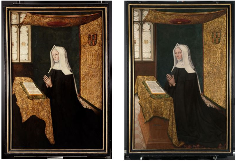 The portrait of Lady Margaret before conservation work began (left), note her sombre facial expression, and after conservation (right), note her demeanour has been transformed. Credit: Hamilton Kerr Institute 