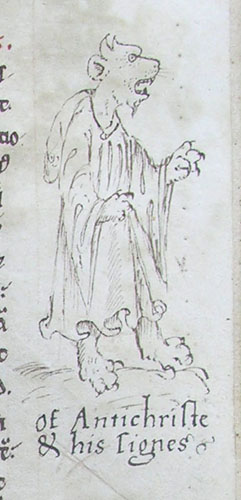 A drawing of a horned wolf, wearing a cowl, as the Antichrist. Medieval.
