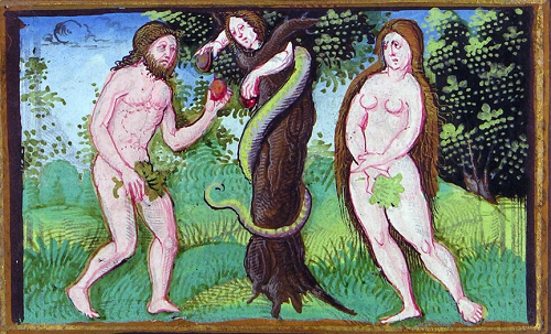 Colourful biblical illustration of Adam and Eve being tempted by the serpent with an apple
