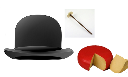 A picture of a bowler hat, a spindle, and a Dutch cheese