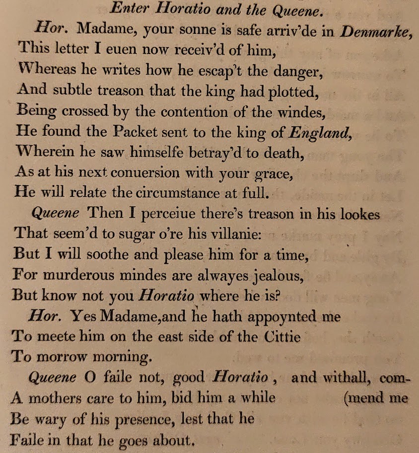 A scene from the Bad Quarto of Hamlet, where Gertrude realises that Claudius is a villain.