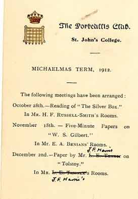 Portcullis Club meeting card, Michaelmas 1912