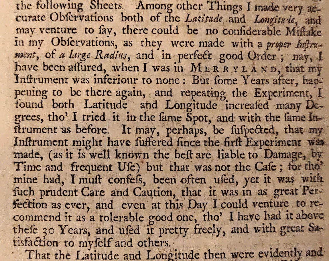 A page of text discussing measuring the latitude and longitude of a place called 'Merryland' with an 'instrument'.