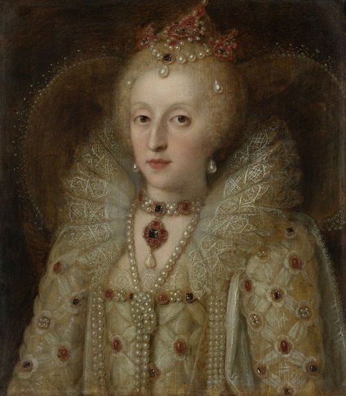 ​  Portrait of Elizabeth I, Queen of England, by Anonymous, c. 1550-99, European painting, oil on panel. 