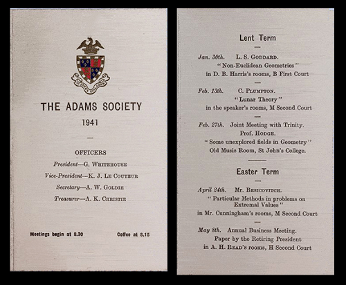 Adams Society fixture card for 1941