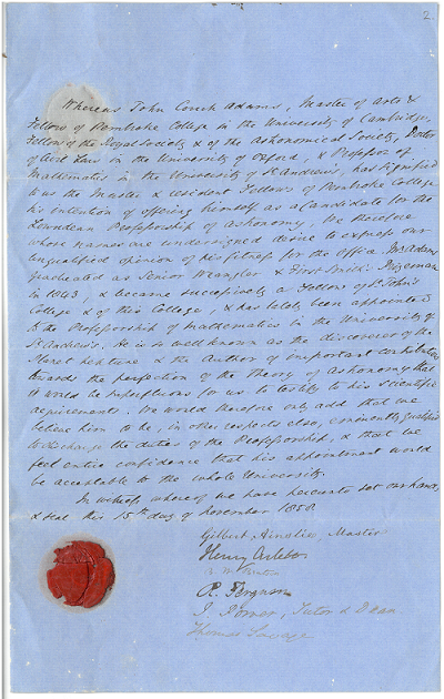 Handwritten testimonial signed by colleagues at Pembroke College on blue paper with a red wax seal