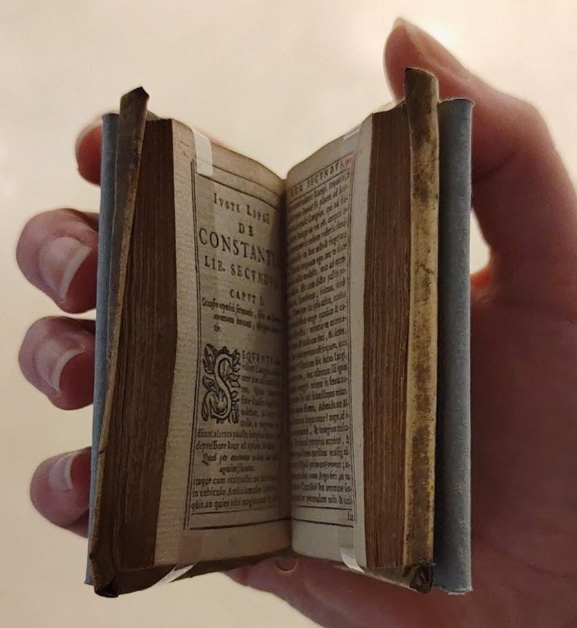 A hand holding a very small book.