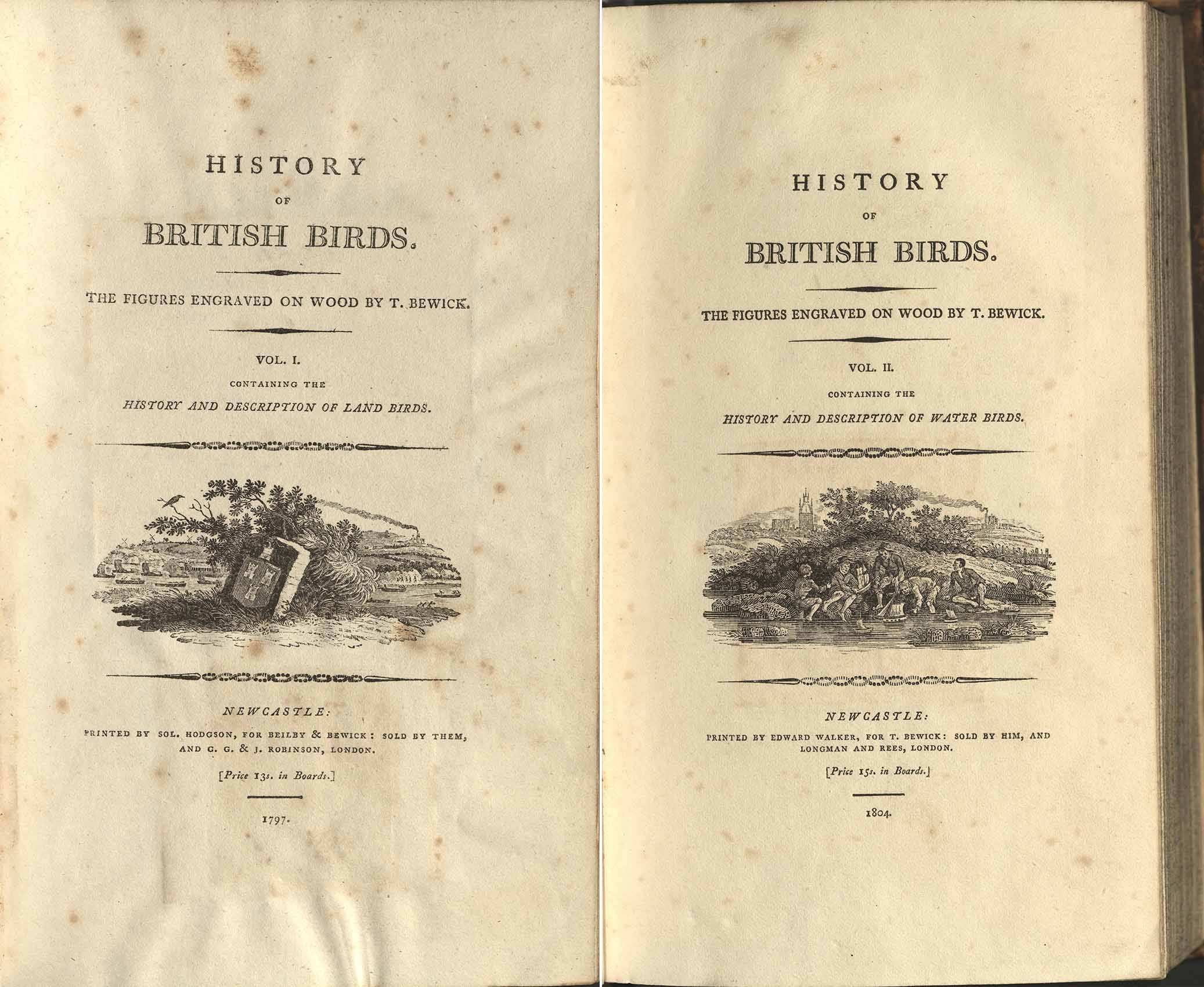 Title pages of the two volumes of Bewick's 'History of British birds'