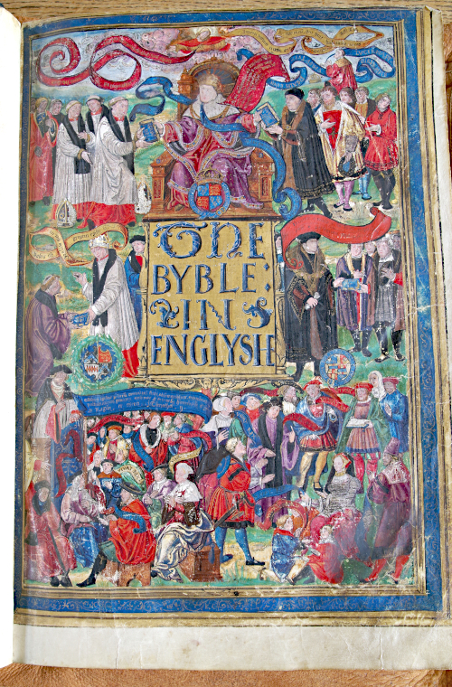 Hand coloured title page from Henry VIII's Great Bible.