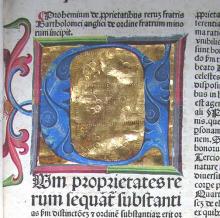 Gilt initial at the beginning of the text.